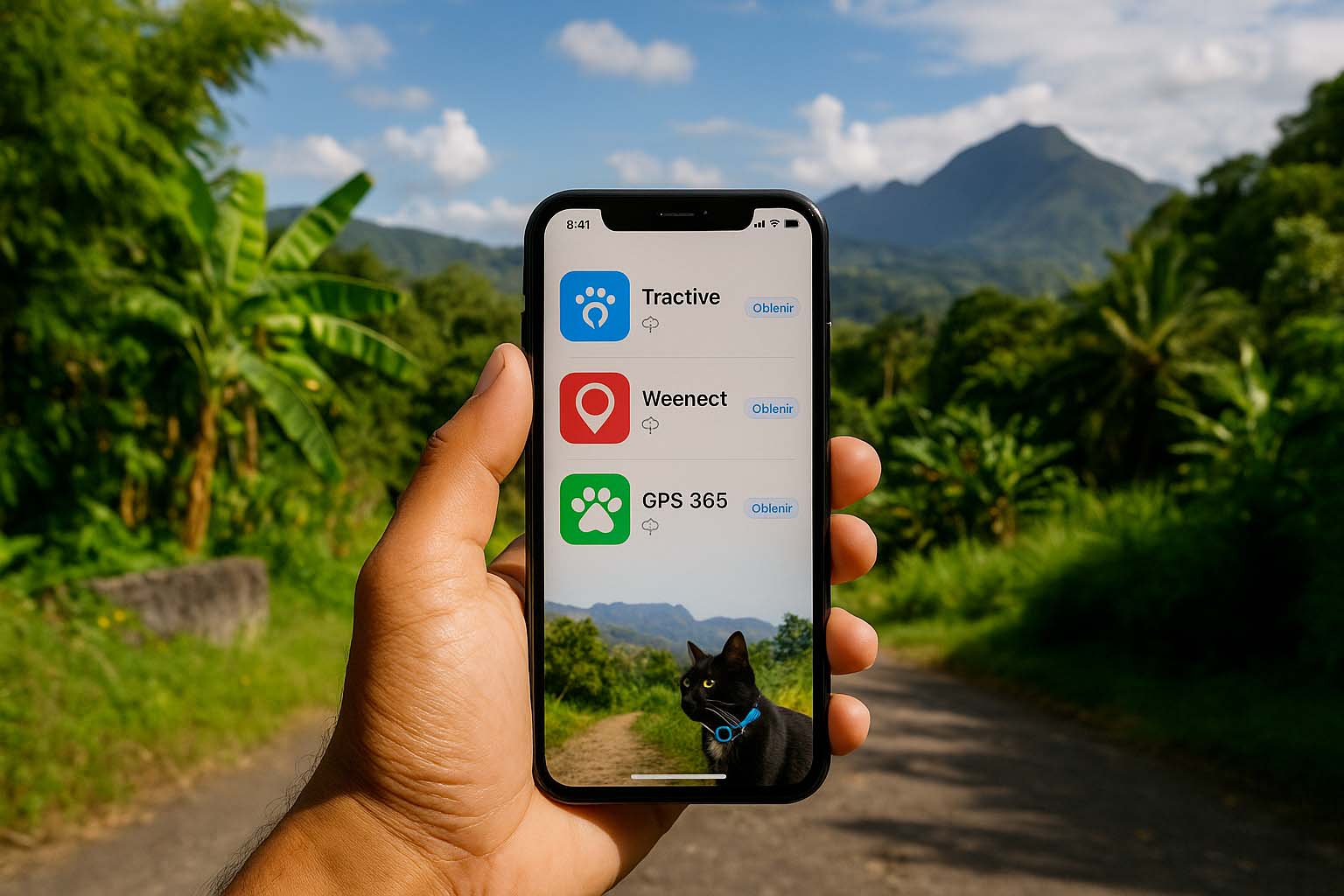 Smartphone affichant plusieurs applications GPS pour animaux dans un décor tropical à La Réunion