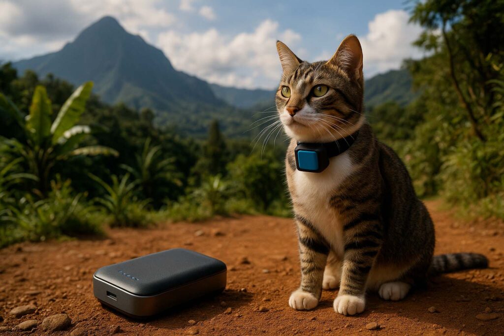 Chat avec traceur GPS et batterie externe sur un sentier tropical à La Réunion