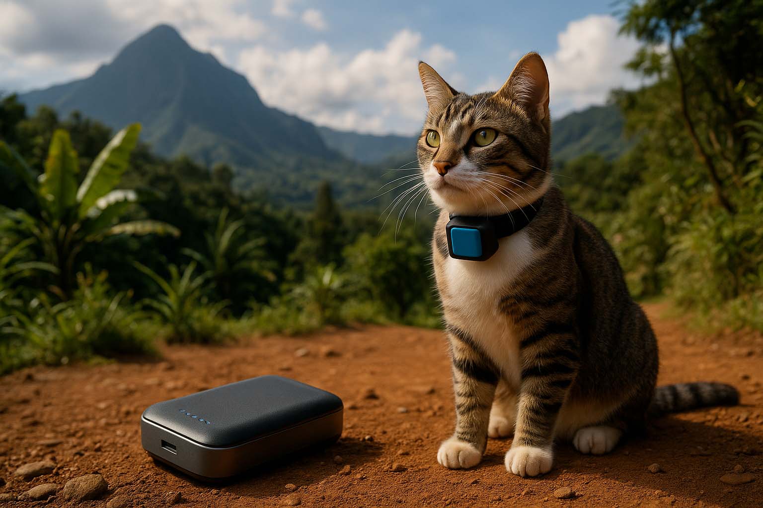 Chat avec traceur GPS et batterie externe sur un sentier tropical à La Réunion