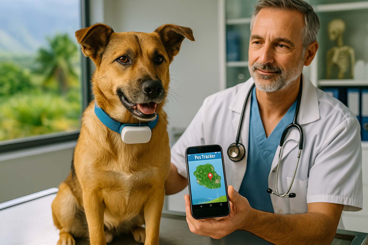 Vétérinaire examinant un traceur GPS pour chien dans une clinique à La Réunion