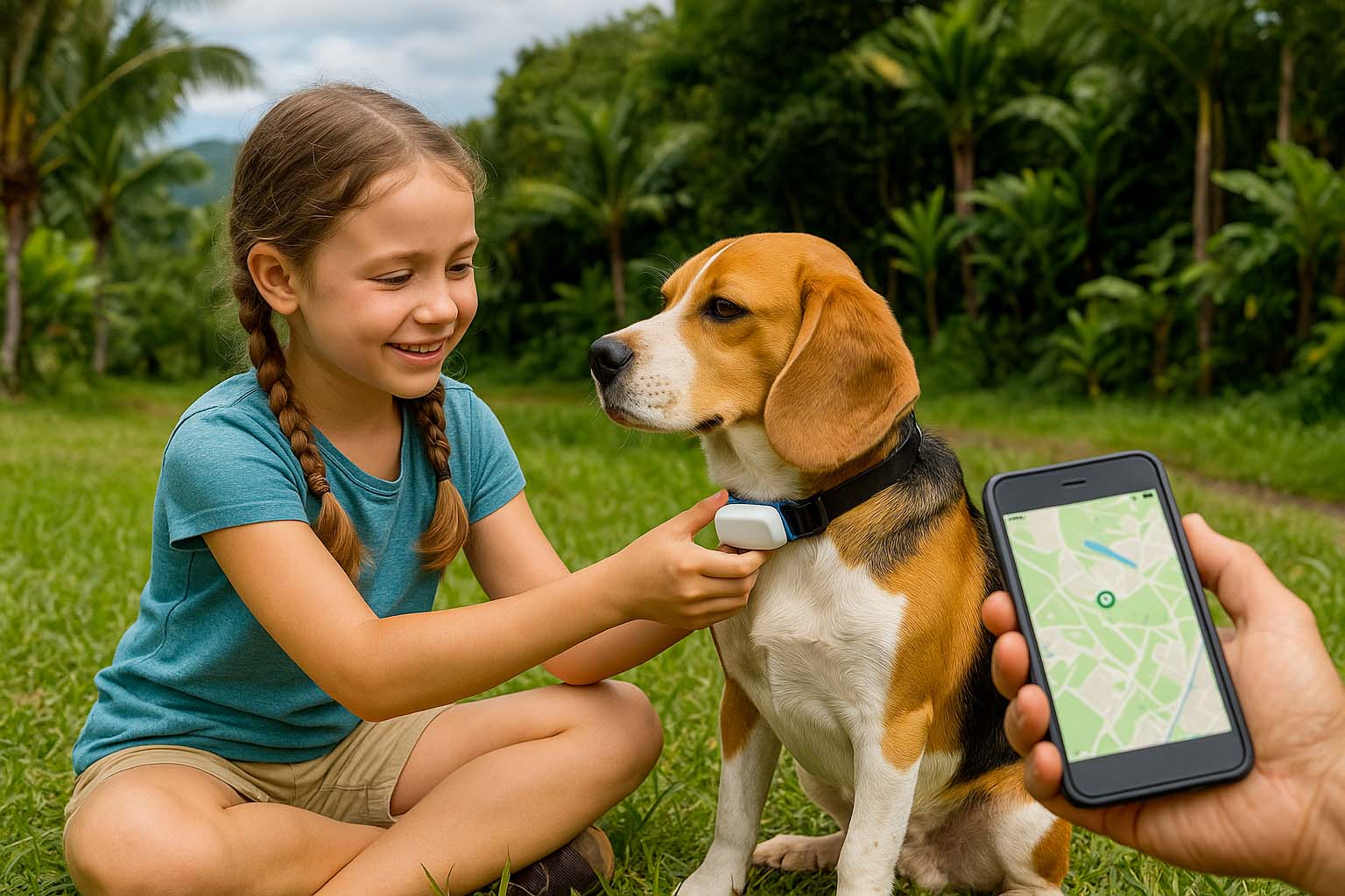 Enfant tenant un traceur GPS et chien équipé dans un jardin à La Réunion