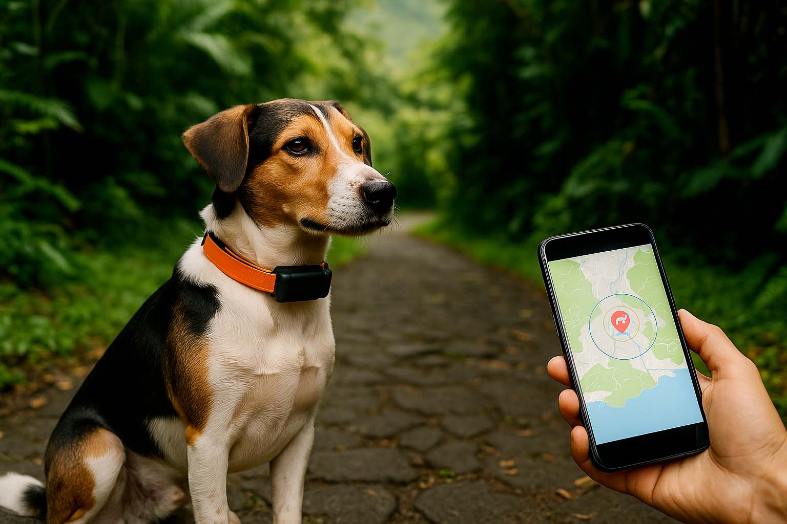 Chien errant géolocalisé par traceur GPS dans une rue tropicale de La Réunion