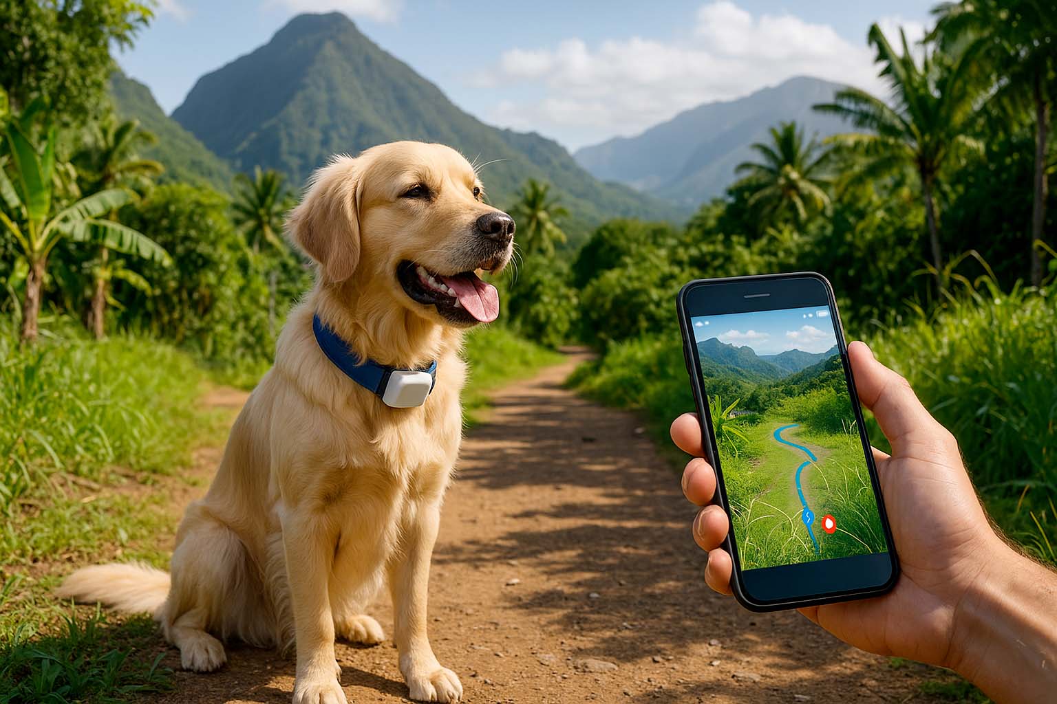 Golden Retriever avec collier GPS assis sur un sentier tropical à La Réunion