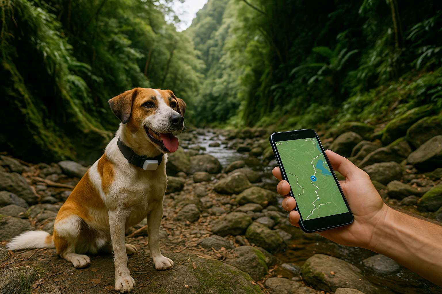 Chien avec traceur GPS géolocalisé dans une ravine tropicale de La Réunion