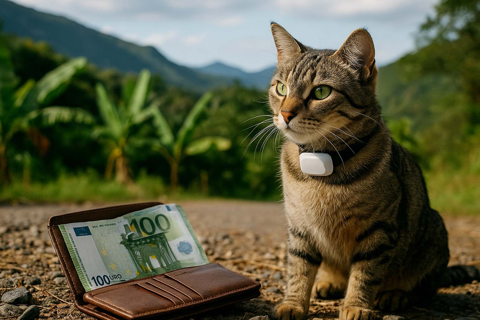 Chat avec traceur GPS assis à côté d’un portefeuille ouvert à La Réunion