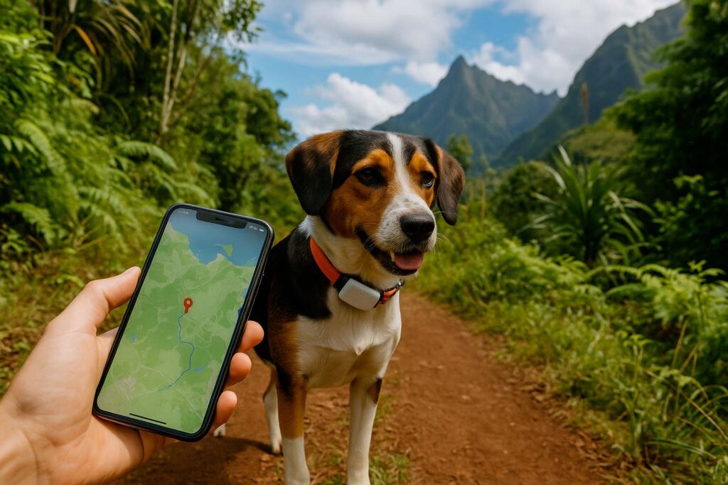 Chien équipé d’un traceur GPS sur un sentier tropical à La Réunion avec localisation en temps réel