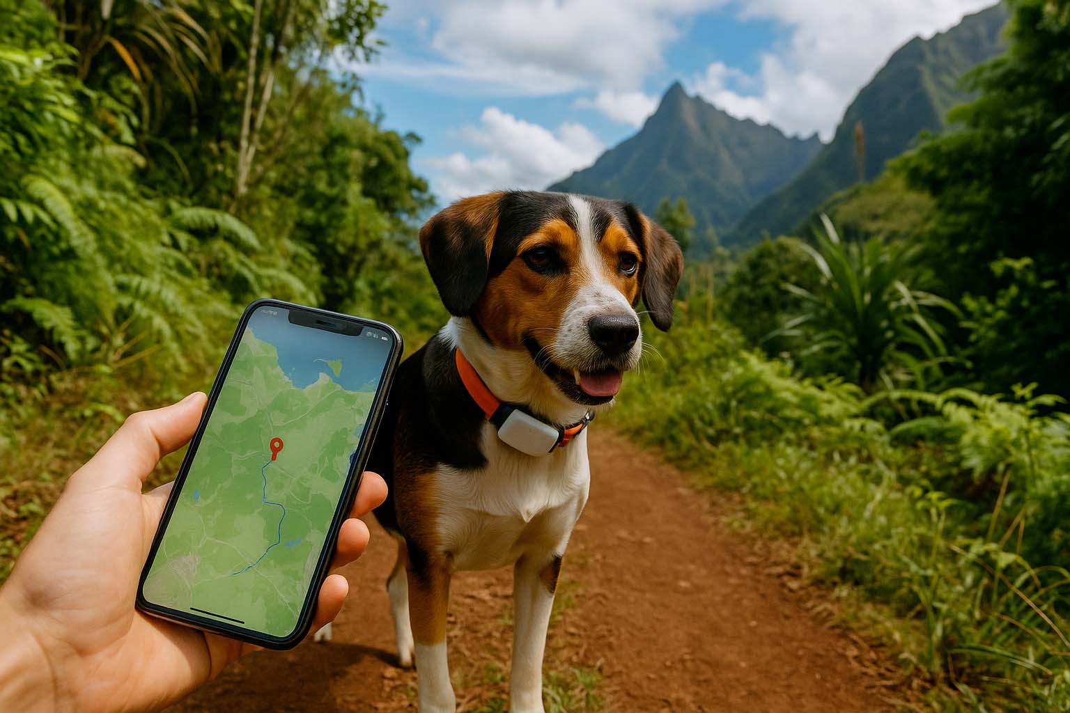 Chien équipé d’un traceur GPS sur un sentier tropical à La Réunion avec localisation en temps réel