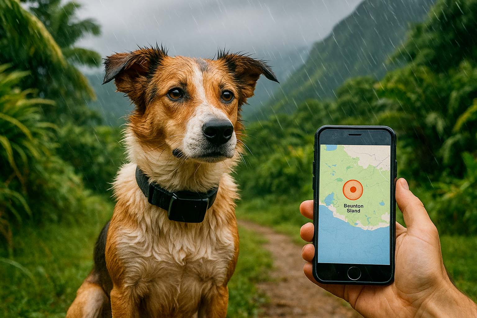 Chien mouillé avec traceur GPS pendant un cyclone à La Réunion, géolocalisé sur smartphone