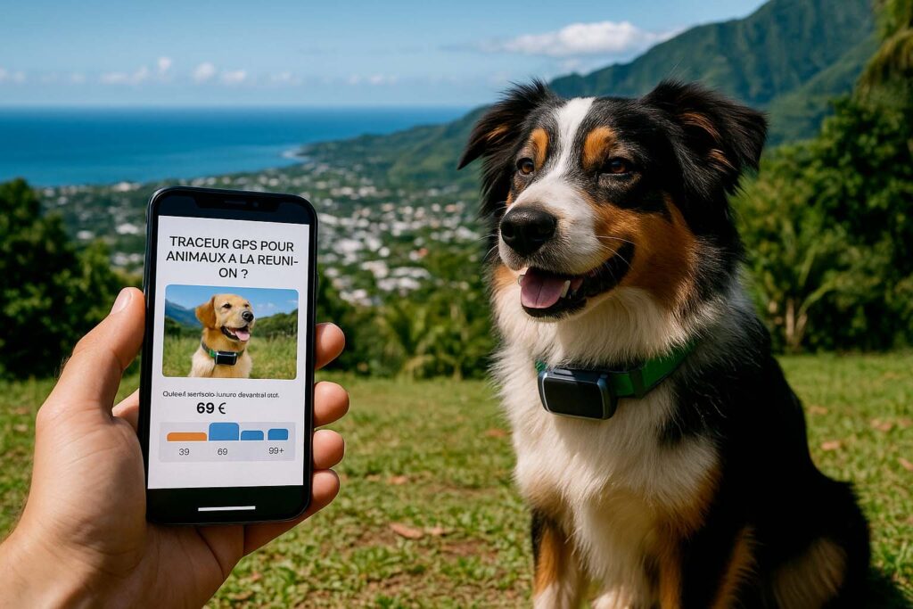 Chien équipé d’un collier GPS sur fond tropical à La Réunion avec smartphone affichant un tarif