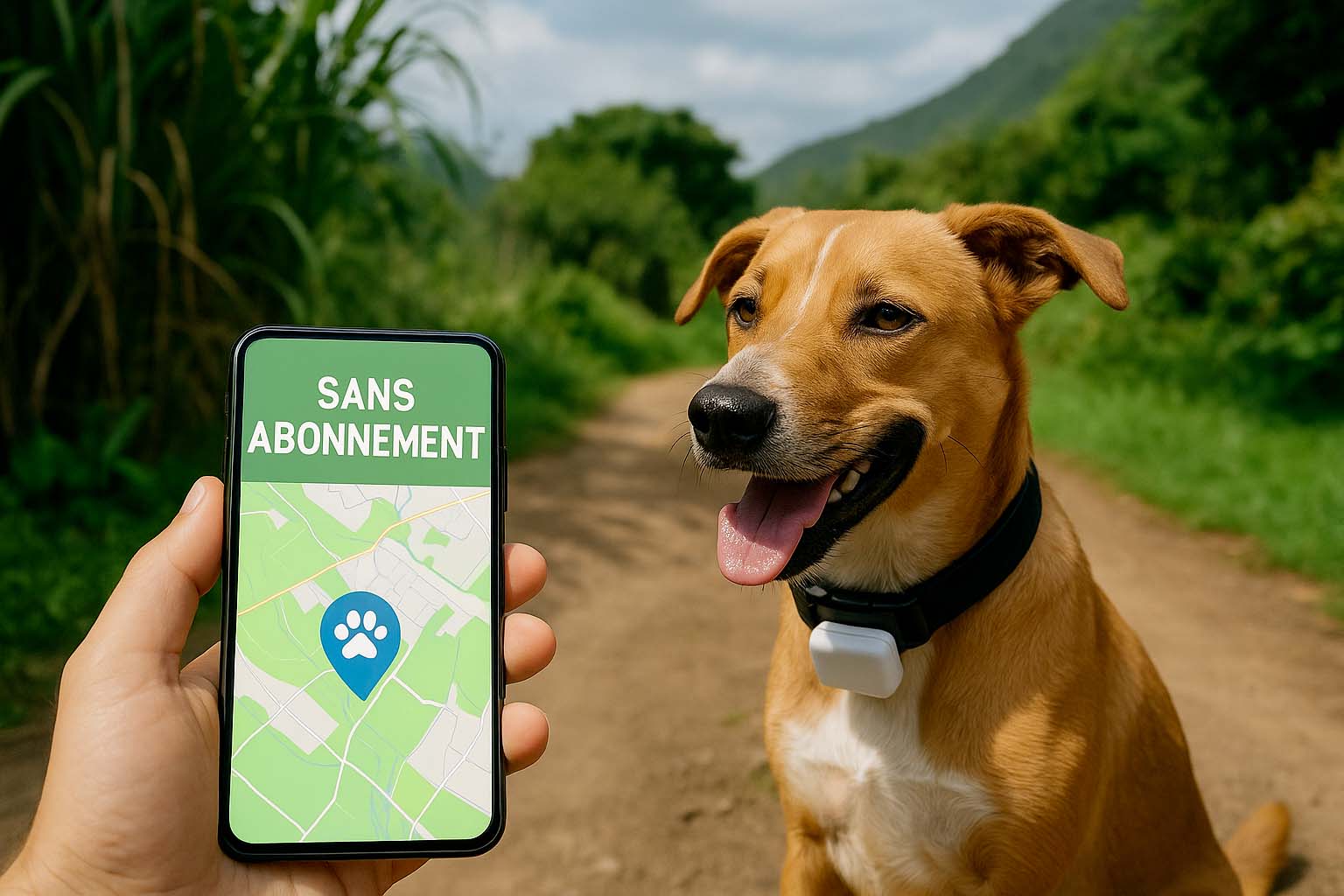 Chien avec collier GPS sans abonnement et carte affichée sur smartphone à La Réunion