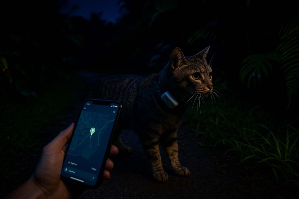 Chat avec traceur GPS visible de nuit à La Réunion, localisé via smartphone