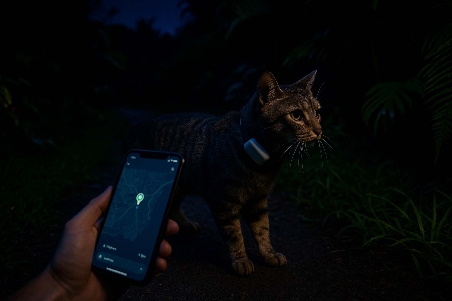 Chat avec traceur GPS visible de nuit à La Réunion, localisé via smartphone