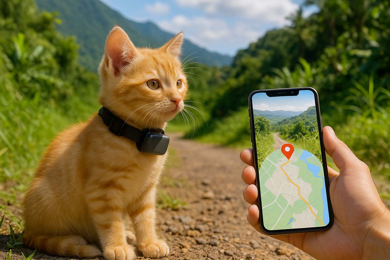 Chaton équipé d’un traceur GPS avec localisation affichée sur smartphone à La Réunion