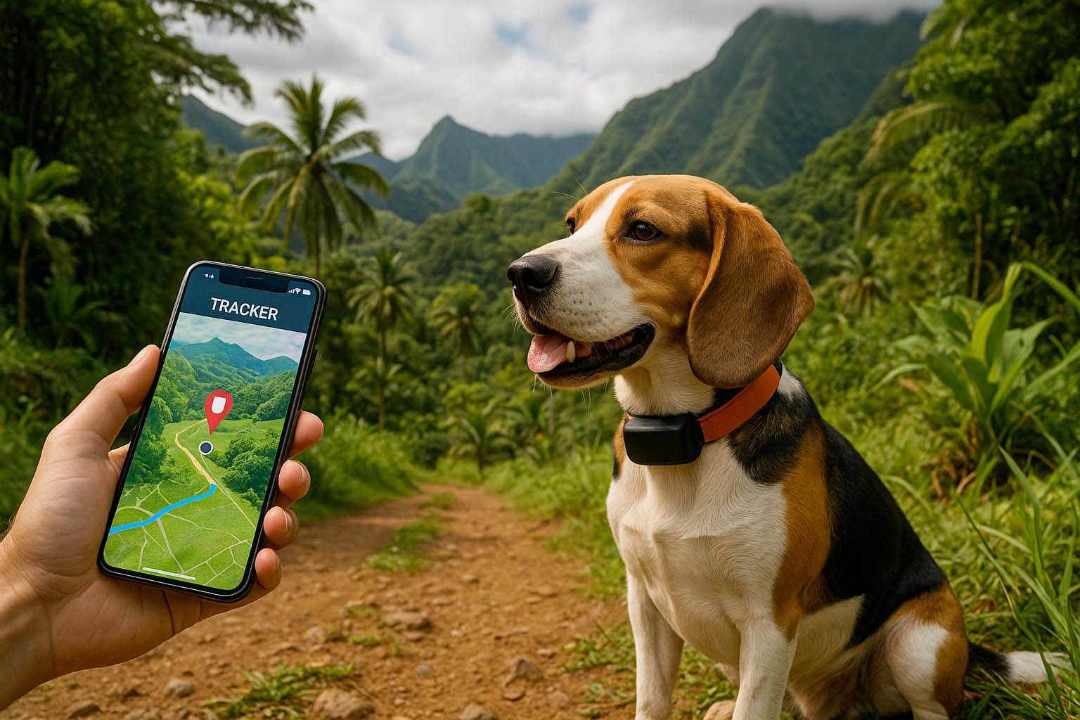 Chien de chasse équipé d’un traceur GPS dans la nature tropicale de La Réunion