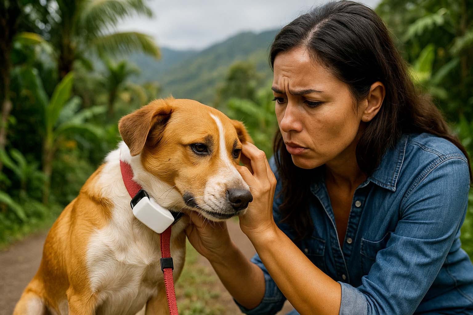 Femme examinant un chien dérangé par son collier GPS à La Réunion